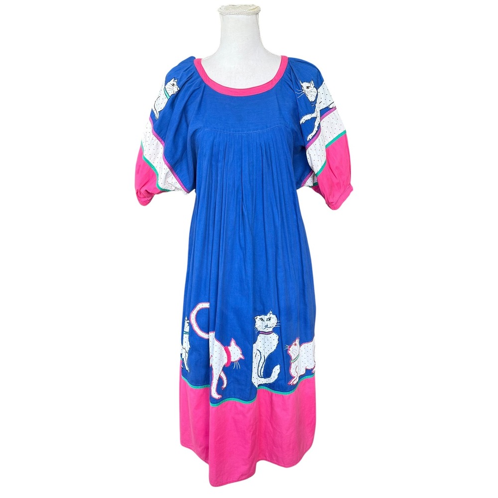 Vintage Sagbury Cat Applique Dress Blue Pink Colorblock Puff Sleeve Cotton Small